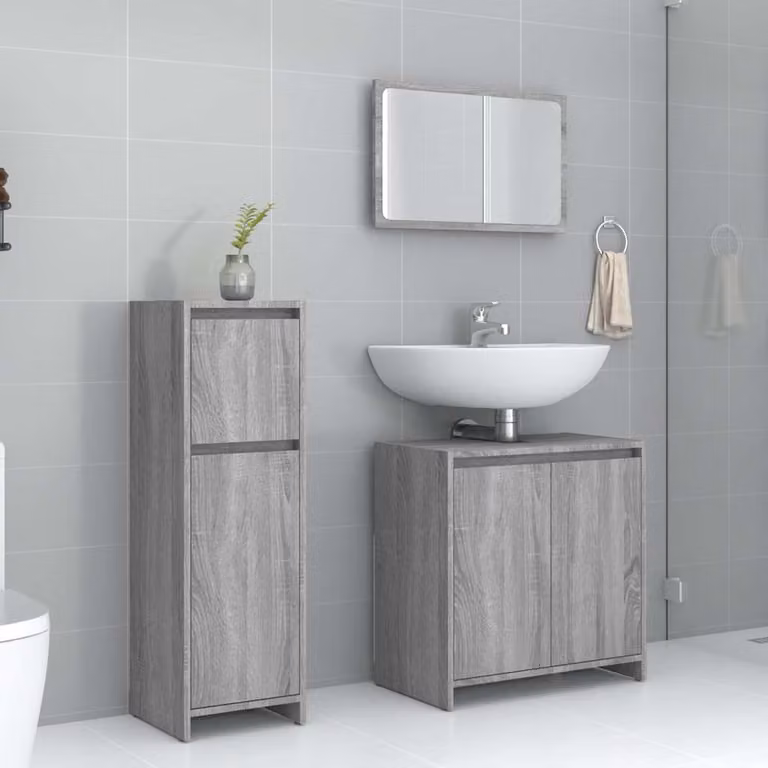 Set di mobili da bagno moderno vidaXL in legno multistrato grigio composto da 3 pezzi con armadietto a specchio, pensile e mobile sottolavabo a parete