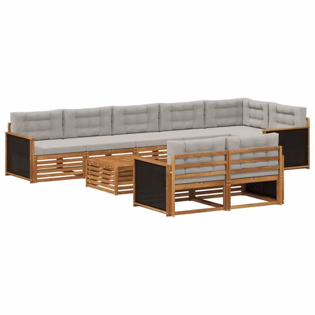 Set di divani da esterno a forma di U vidaXL in legno di acacia con cuscini beige e grigi, 9 pezzi – 2
