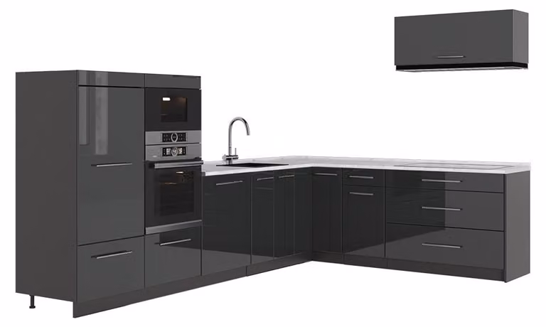 Cucina angolare completa Vicco Fame-Line Antracite lucido/Antracite 327 x 227 cm, PL Marmo, Model 64354
