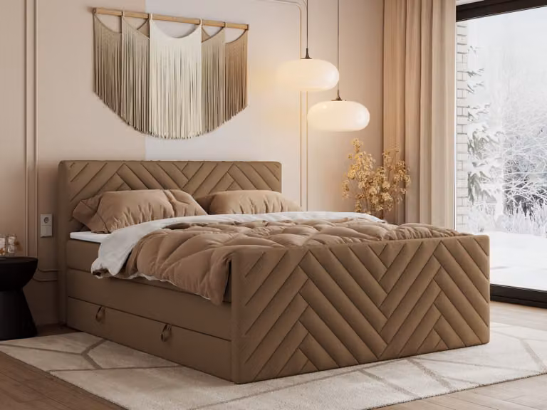 Letto boxspring MKS MEBLE 200x200 con contenitore e materasso H4 - Paris King Duo - Pelle finta marrone