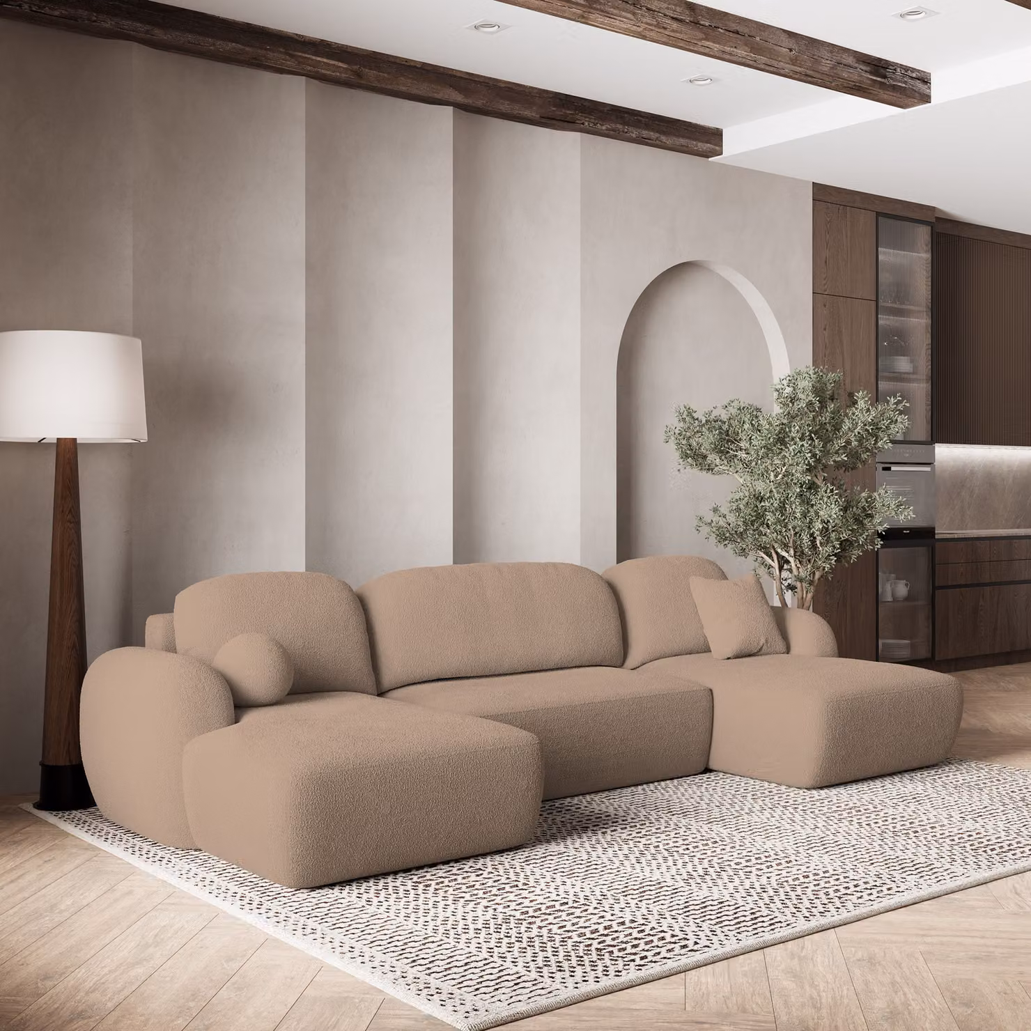 Divano angolare SAVONA N di Masseno con funzione letto a U, divano con box letto, divano da salotto, divano, divano letto, set di divani - beige, ORA O MAI PIÙ 05