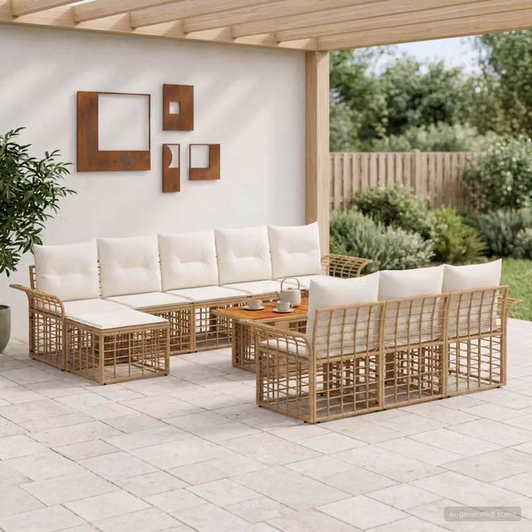 Set Divano da Giardino vidaXL 11 pz Moderno a L con Poltrona, Tavolino e Ottoman, Colore Beige e Bianco con Struttura in Metallo e Polyrattan