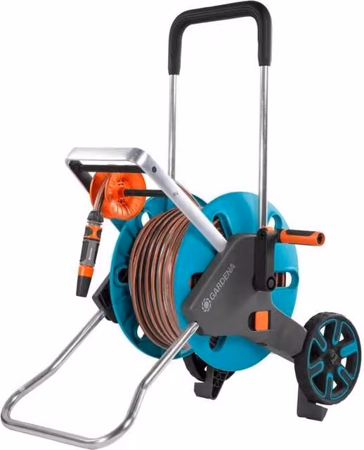 Gardena CleverRoll M Easy Carrello avvolgitubo manuale con tubo da 20 m e accessori inclusi, Nero Blu Acciaio inox – 1
