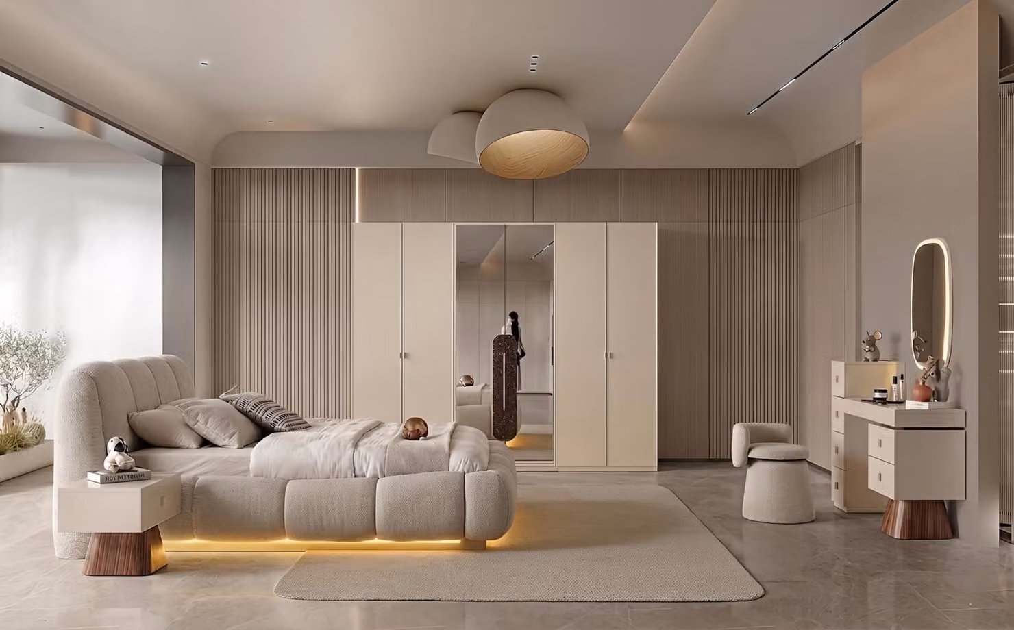 Set per camera da letto: letto, armadio, 2 comodini, tavolino da trucco, design moderno, colore beige