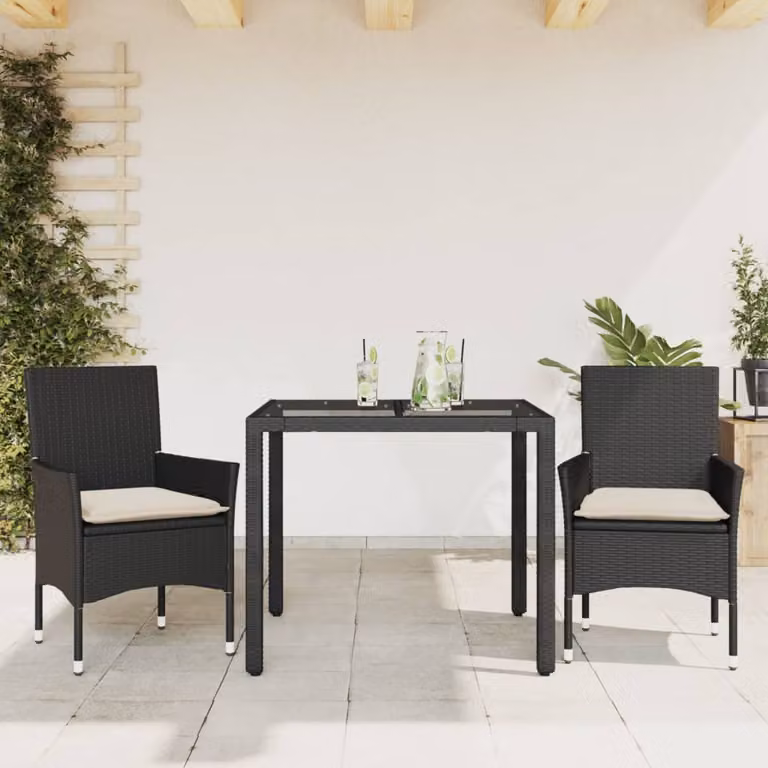 Set da pranzo da giardino vidaXL in polyrattan e vetro con cuscini, 3 pezzi, bianco e nero