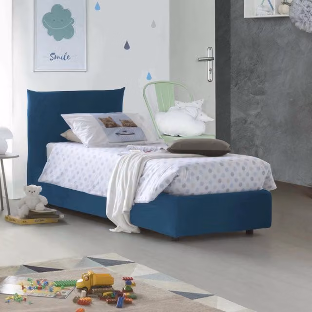 Letto singolo contenitore Ippolito di Talamo Italia con rivestimento in tessuto blu, apertura frontale, adatto per materasso 80x190 cm – 1