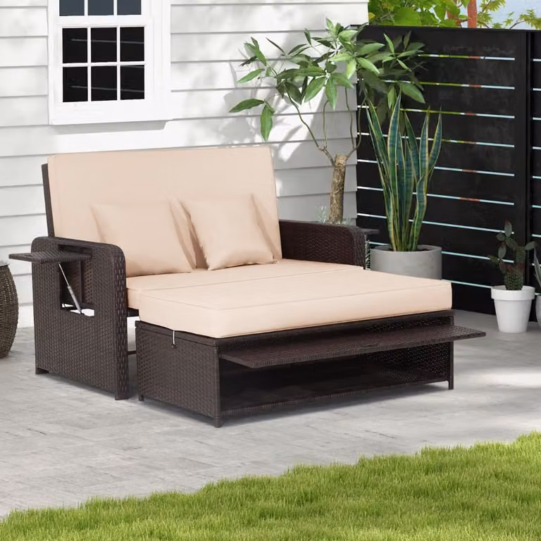 Set divano da giardino a 2 posti Costway in rattan con panca poggiapiedi e schienale regolabile, colore beige