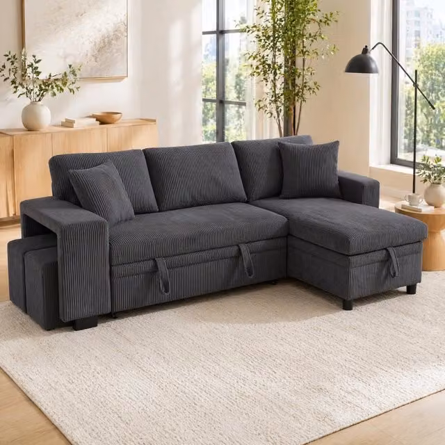 Divano letto angolare 231x131.5x84 cm con contenitore e porte USB e Type C in velluto a coste grigio