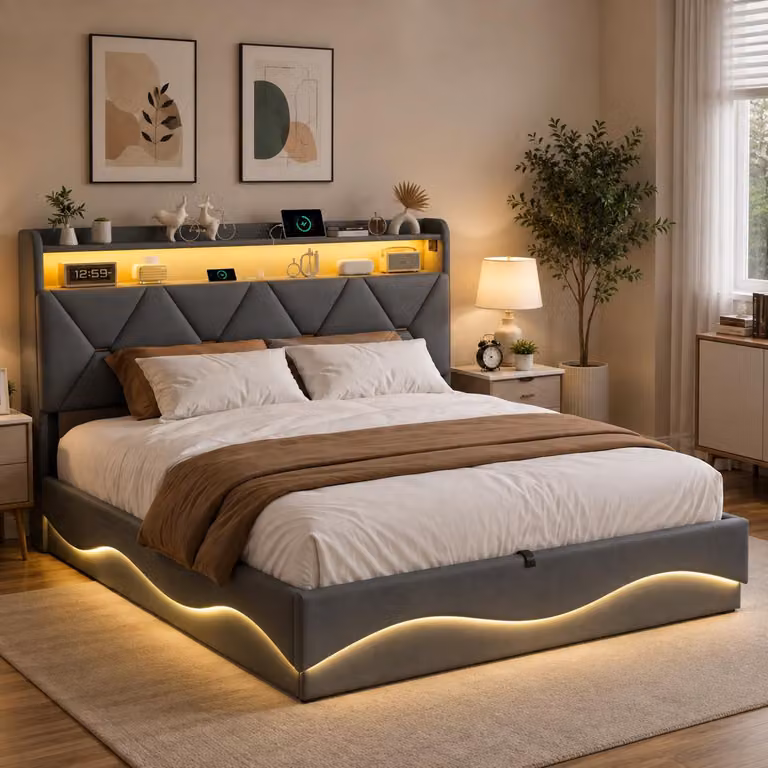 Letto imbottito INONEFT, 160x200 cm, con illuminazione LED e prese USB, contenitore a sollevamento idraulico, letto per ragazzi con contenitore integrato nella testiera, rivestito in velluto grigio