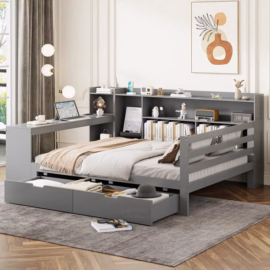 Letto matrimoniale moderno in legno grigio con scrivania, libreria, cassetti e porta USB, L/P: 140 x 200 cm – 2