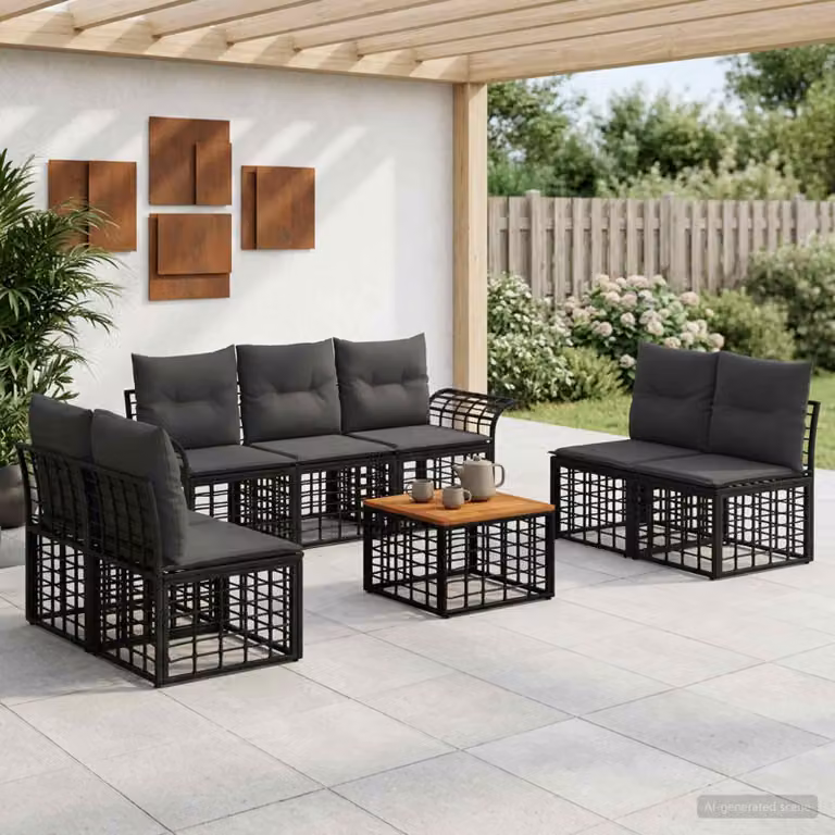 Set di divani da esterno vidaXL 8 pezzi a forma di U con tavolino, colore nero e grigio, in tessuto e metallo con cuscini inclusi