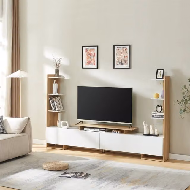 Mobile TV Rauki en.casa con ripiani laterali e ante a ribalta, Bianco/Effetto Rovere, L: 233,0 cm, P: 31,0 cm, H: 140,5 cm