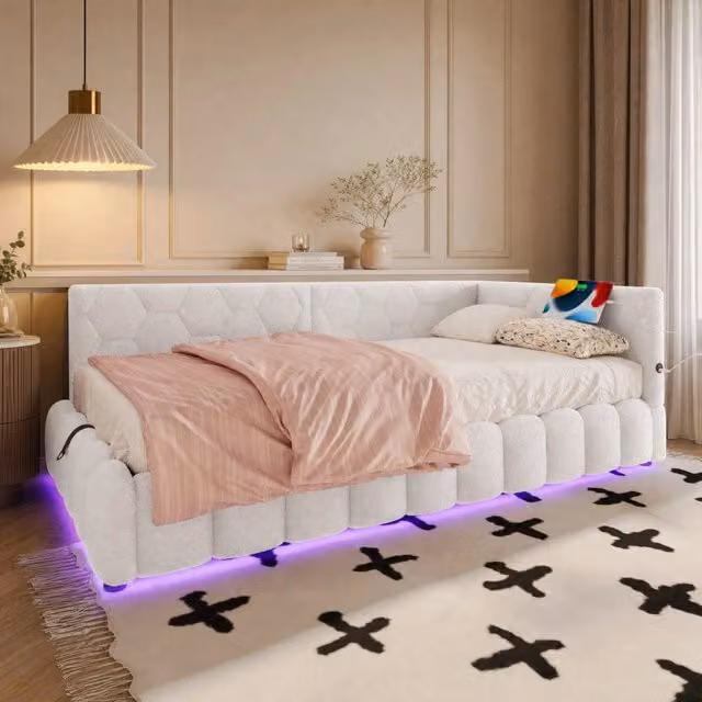 Letto daybed moderno in tessuto velvet multicolore con contenitore idraulico, porta USB e luce LED sotto il letto, L/P/H: 200 x 90 cm