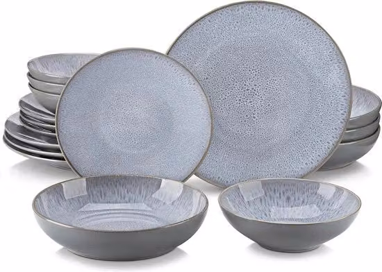 Set da tavola 8 persone - Grigio Relievo - Porcellana - 32 pezzi - Piatti da pranzo - Piatti da dessert - Tazza - Tazza per zuppe