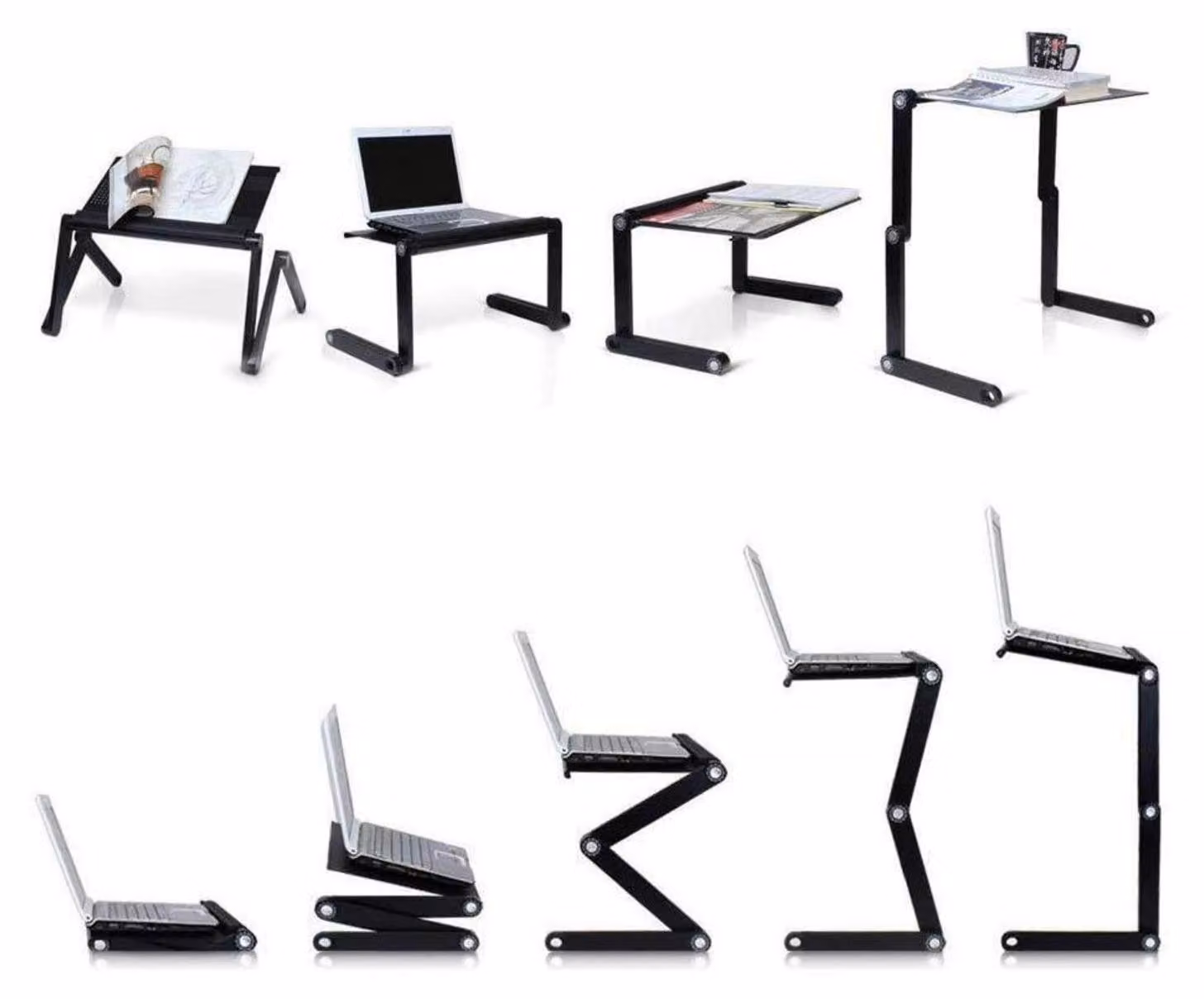 Tavolo per laptop, tavolo per notebook, regolabile in altezza, con cassetto, ventilato, inclinabile, pieghevole, supporto per laptop, tavolino da letto, divano, poltrona, colore nero