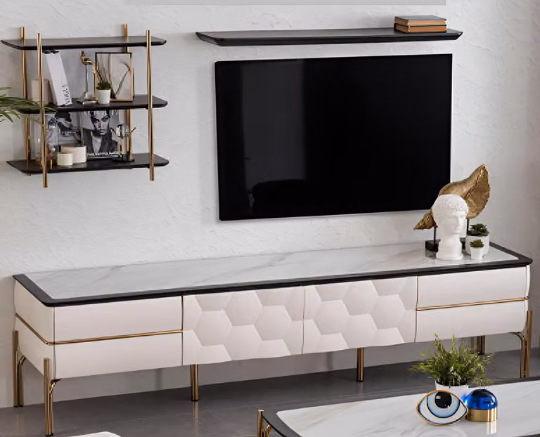 Set da salotto composto da 3 elementi: mobile TV basso e 2 mensole da parete, design moderno
