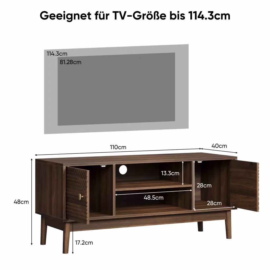 Cassettiera per TV KOMHTOM in stile mid-century, colore noce, realizzata in MDF e metallo, L: 110 cm, P: 40 cm, H: 48 cm – 2
