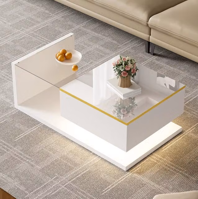 Tavolino da caffè 90x50x32.5 cm; LED dimmerabile con vano contenitore; truciolare e vetro; bianco