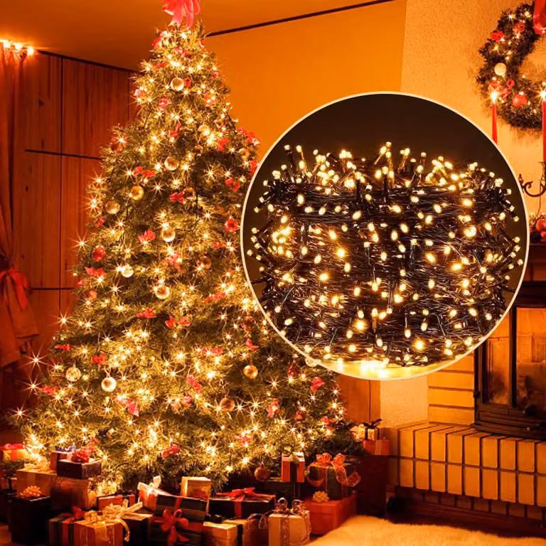 Catena luminosa LED da 50 metri, luce bianco caldo, cavo verde, 8 modalità, impermeabile