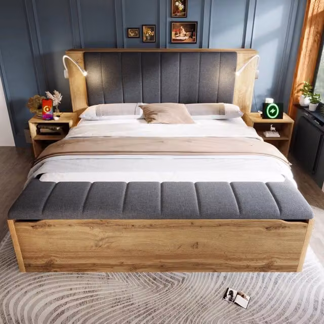 Letto matrimoniale 160 x 200 cm effetto rovere con testiera reclinabile in lino; contenitore e luci USB