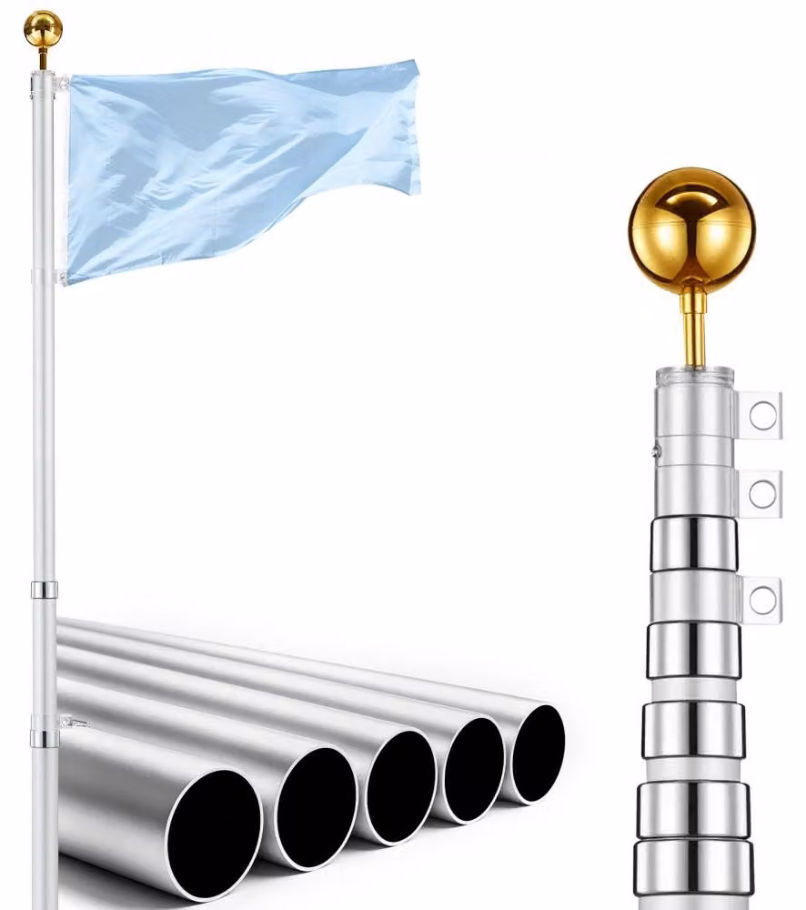 Albero telescopico per bandiere, 9,14 m - Kit per bandiere in alluminio per uso esterno - Realizzato in lega di alluminio extra resistente - Con base in PVC - Adatto per uso domestico e commerciale