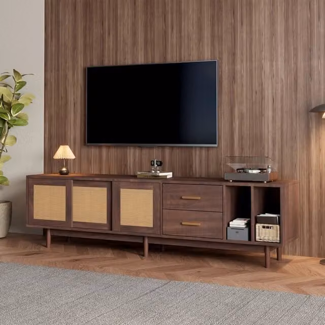 Mobile TV Mivray in stile mid-century con ante in rattan e 2 cassetti, colore marrone, L 190 x P 40 x H 52 cm