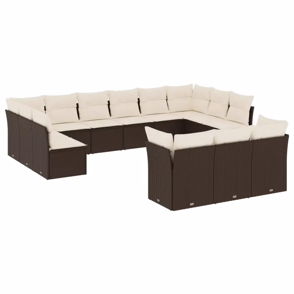 vidaXL Set Divani da Giardino a Forma di U in Polyrattan Marrone con Cuscini Bianchi e Struttura in Metallo, 13 Pezzi – 2