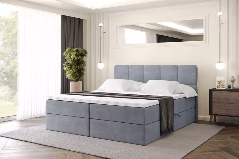 Letto boxspring ALTDECOR con materasso e rete a doghe, topper, letto imbottito con contenitore, letto con spazio contenitivo e materasso H4, letto matrimoniale, letto a cassettoni - LIRO - 140x200 - Grigio Casablanca