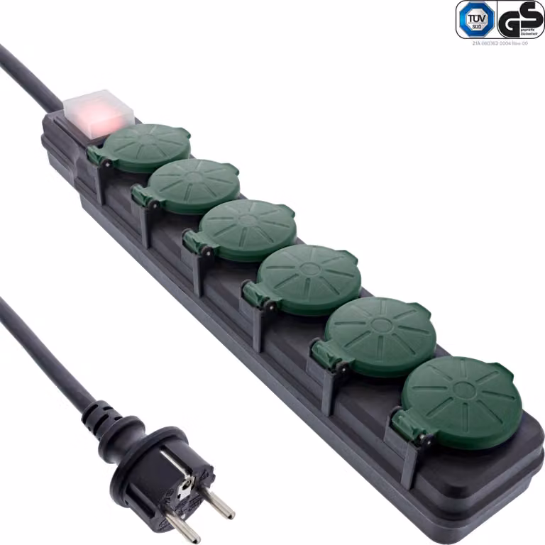 InLine® Presa a nastro per esterni, contatto di terra a 6 vie, IP44, con interruttore, 10 m