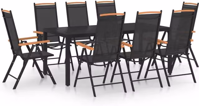 Set da pranzo da giardino Outsunny in alluminio nero opaco con tavolo rettangolare pieghevole e 9 sedute