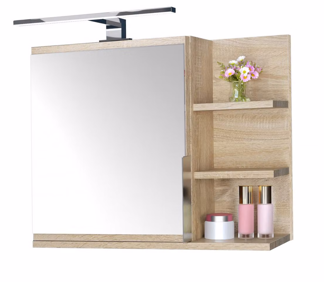 Specchiera 60x50 rovere Sonoma, mobile bagno con mensole, specchio bagno, pensile LED LAMPE - Destra
