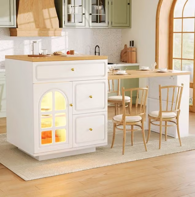 Isola da cucina allungabile 122;5-195;5 cm con 4 cassetti; vetrina in vetro e LED RGB bianca