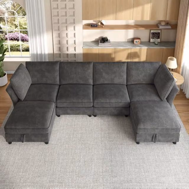Divano modulare a U WISHDOR con pouf coordinato, rivestimento in tessuto grigio, design moderno per soggiorno e camera da letto, L: 289 cm, P: 137 cm, H: 85 cm