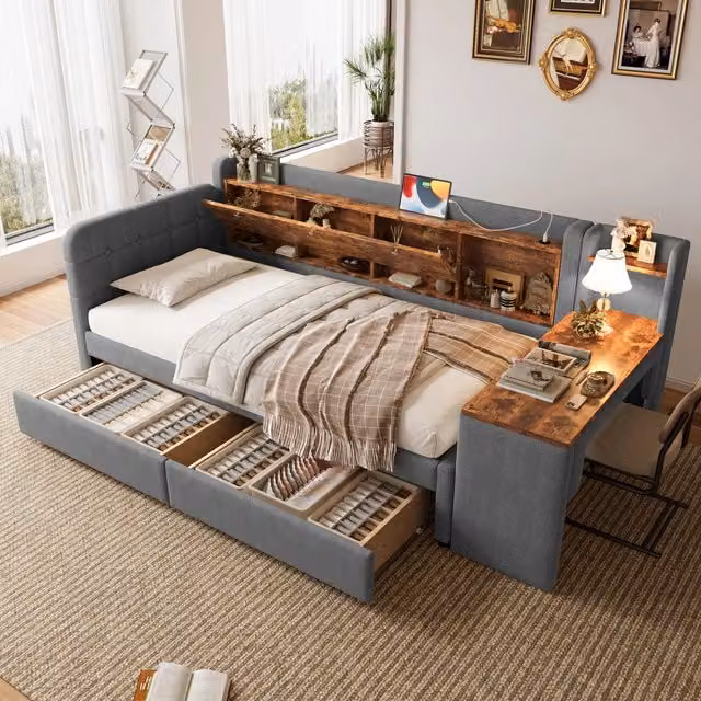 Letto singolo 90x200 cm con contenitore; scrivania reversibile e prese USB Type-C; grigio