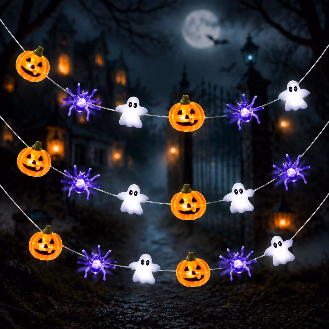 Catena luminosa a tema Halloween, 3 metri, 30 LED, con decorazioni a forma di zucca, ragno e fantasma, con timer