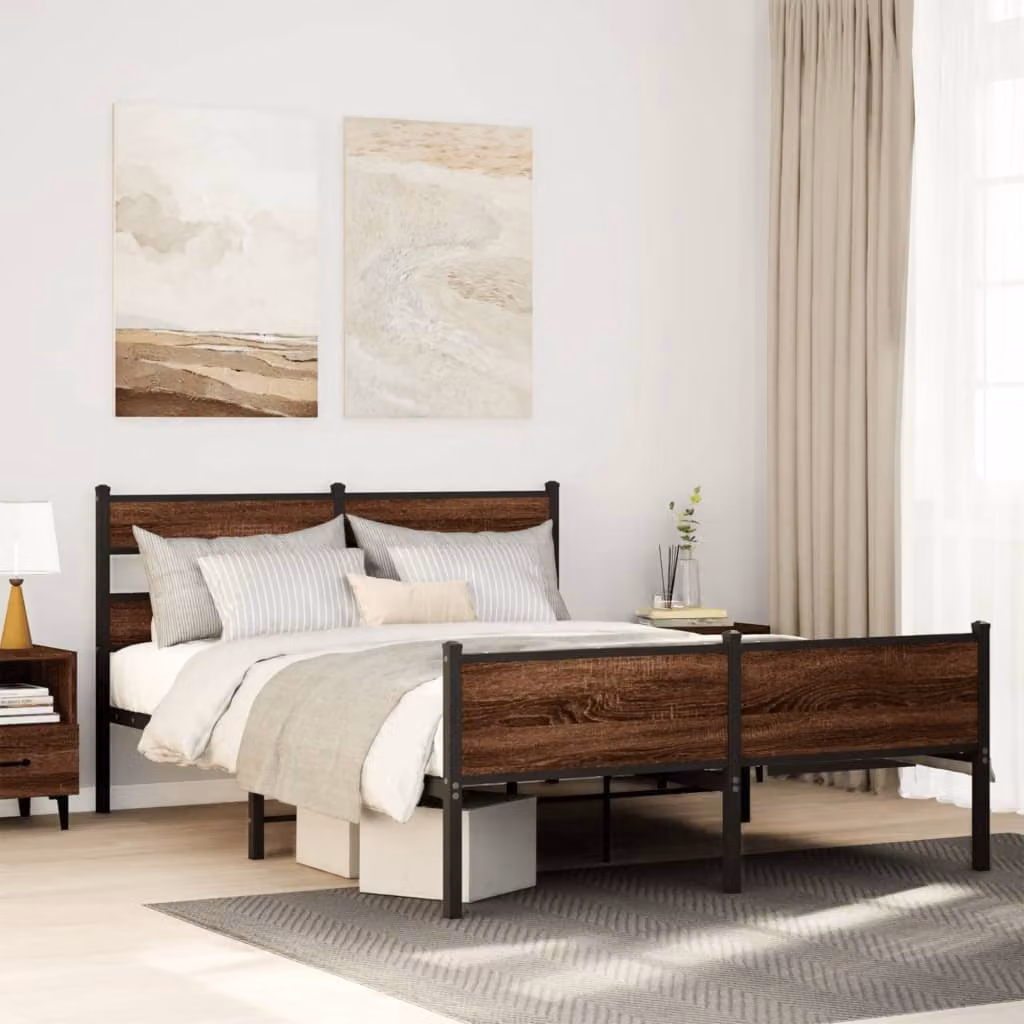 vidaXL Giroletto senza Materasso in Rovere Marrone con Telaio in Metallo e Doghe Fisse L/P: 140 x 200 cm