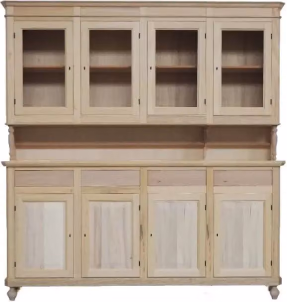 Cristalliera Mobili 2G in legno di pioppo grezzo con 4 ante in vetro e 4 cassetti, L: 196 cm, P: 43 cm, H: 208 cm