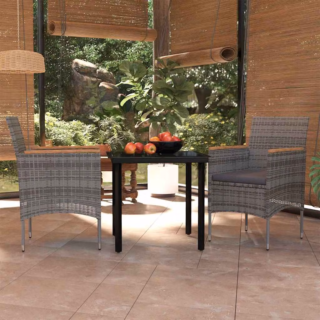 Set da pranzo da giardino vidaXL in rattan e legno di acacia con tavolo in vetro e cuscini, grigio e nero