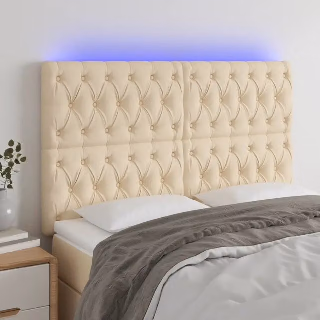 Testiera per letto con illuminazione LED e porta USB vidaXL in tessuto beige L: 144 cm, P: 7 cm, H: 118-128 cm
