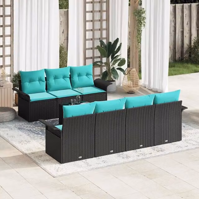 Set Divano da Giardino 8 pz Nero e Turchese polyrattan 3353945