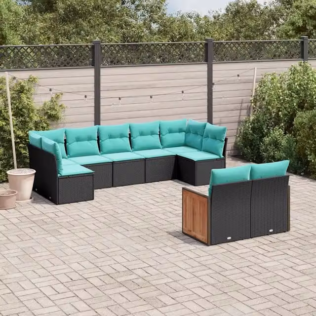 Set Divani da Giardino 9 pz con Cuscini Nero in Polyrattan 3227968