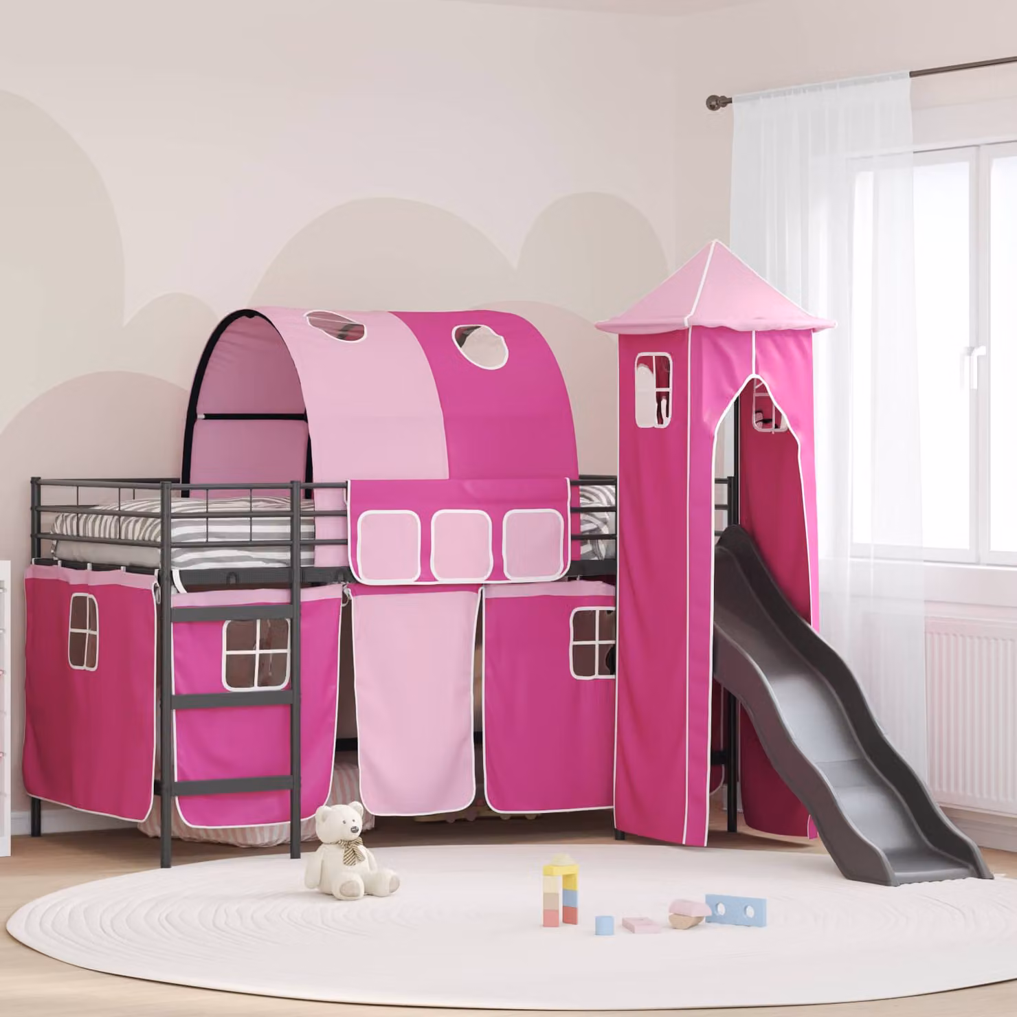 Letto a castello per bambini vidaXL in metallo moderno, Nero, Rosa e Blu, L: 112 cm, P: 205 cm, H: 116 cm