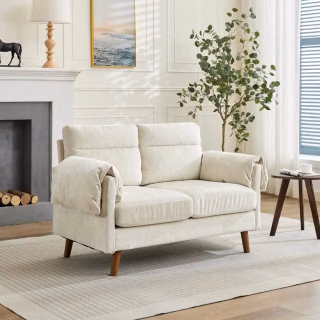 Divano 2 Posti in Tessuto Morbido ¨C MINIMAL ¨C Beige, Cuscini Imbottiti, Gambe in Legno