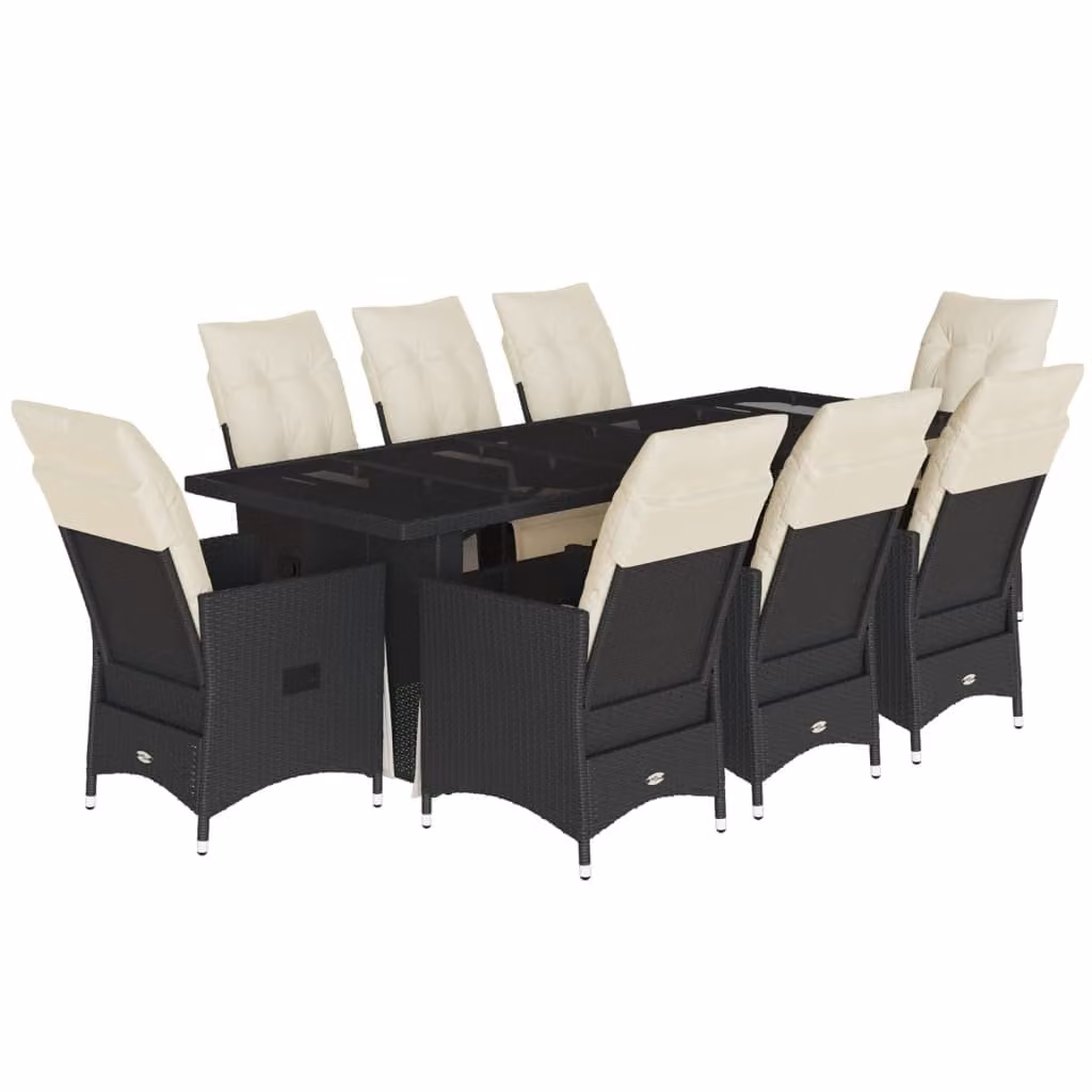 Set Bistrò da Giardino 9 pz con Cuscini in Polyrattan Nero