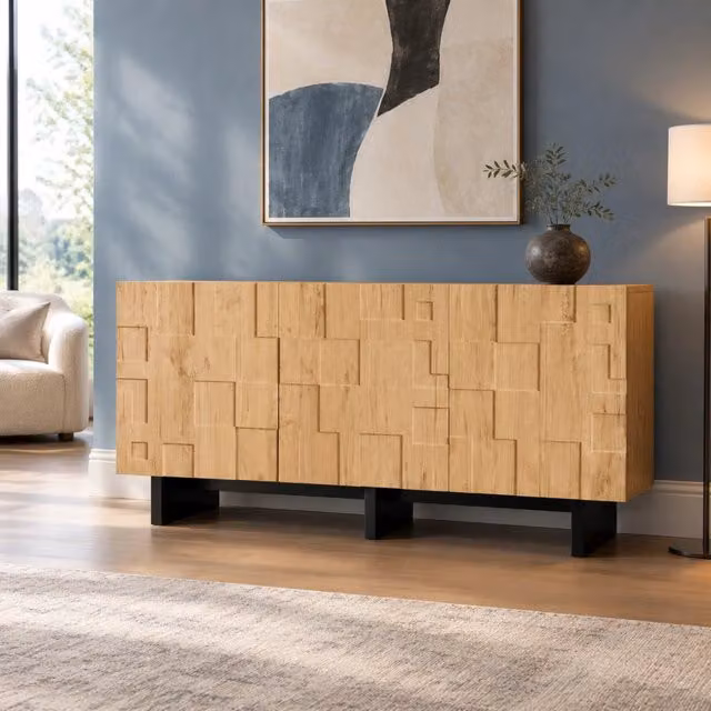 Credenza e madia con 3 ante ad apertura a pressione e 5 vani finitura legno naturale per soggiorno in MDF 140 × 40 × 70 cm