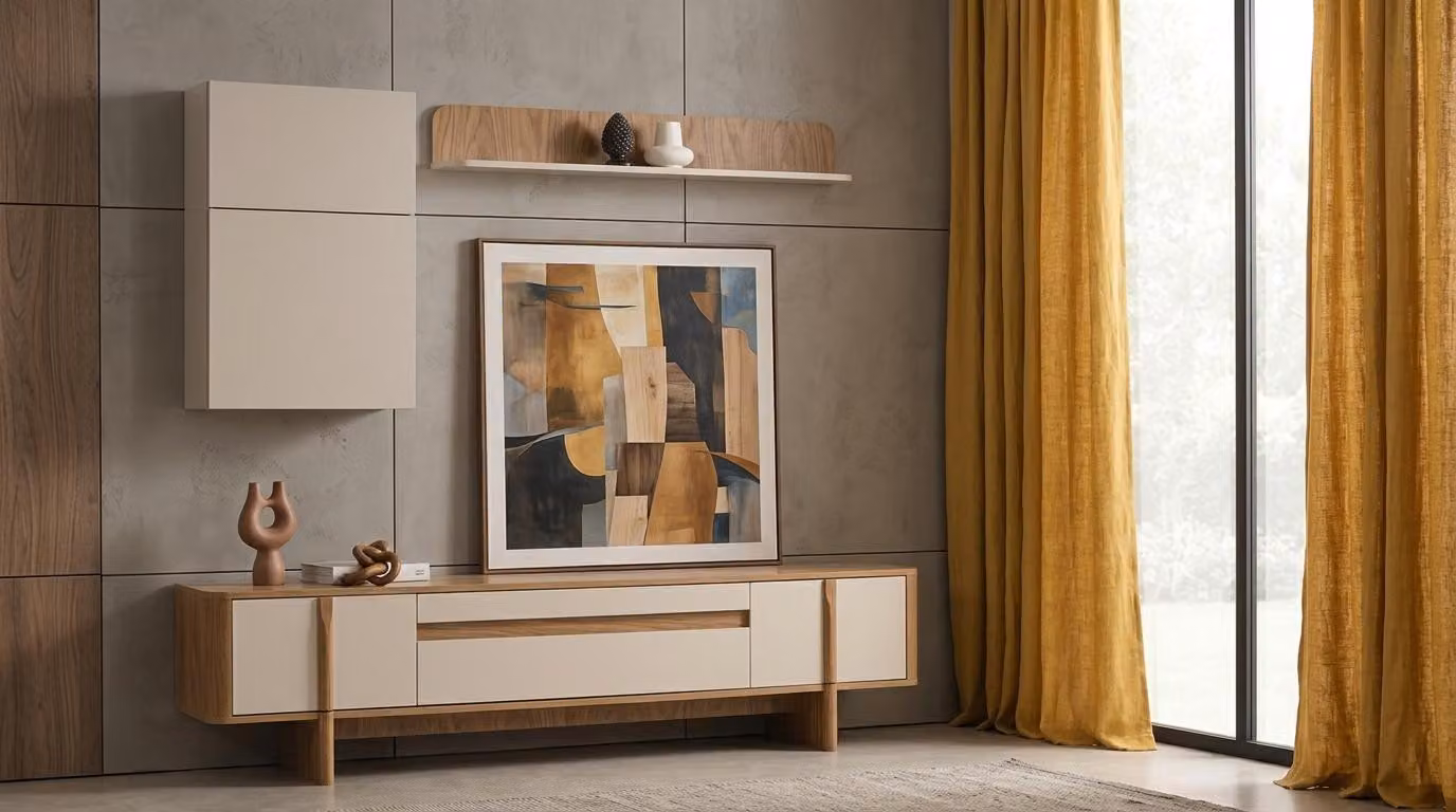 Mobile parete, armadio, credenza, scaffale, soggiorno, stile moderno, colore marrone, nuovo, comodo