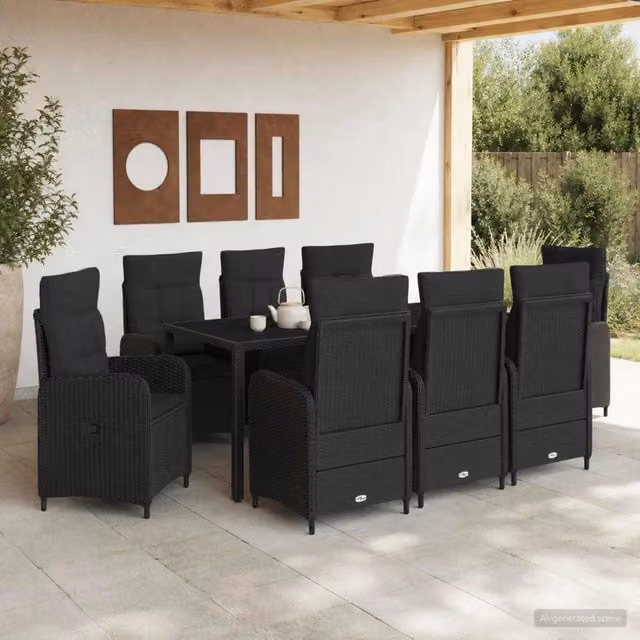 Set da pranzo per esterni vidaXL in polyrattan nero con tavolo in vetro, 9 pezzi