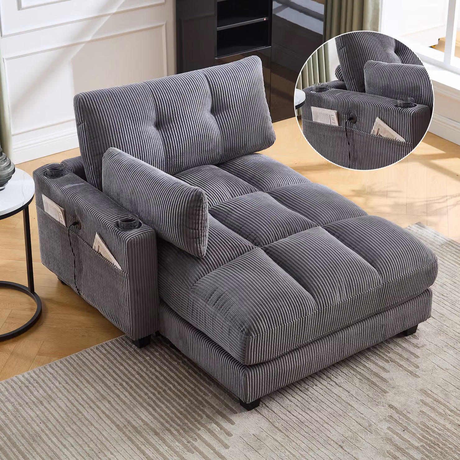 LVHOM chaise lounge con USB e portabicchieri, poltrona reclinabile con tasche laterali, poltrona singola da pavimento, schienale regolabile, grigio