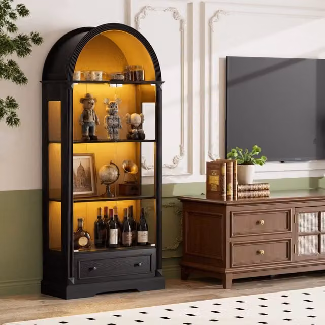Vetrina nera con ante in vetro e illuminazione integrata in MDF, L: 80 cm, P: 35 cm, H: 180 cm