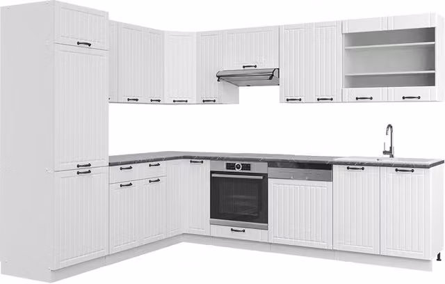 Cucina angolare completa Vicco Fame-Line Bianco rustico con piano Antracite, L/P/H: 287 x 227 x 60 cm